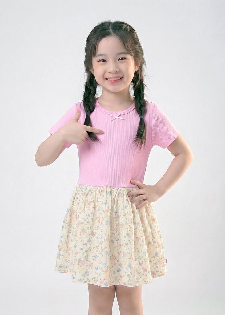 Đầm Ngắn Tay Bé Gái Thun Gân Phối Muslin Hồng Hoạ Tiết Hoa