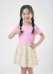 Đầm Ngắn Tay Bé Gái Thun Gân Phối Muslin Hồng Hoạ Tiết Hoa