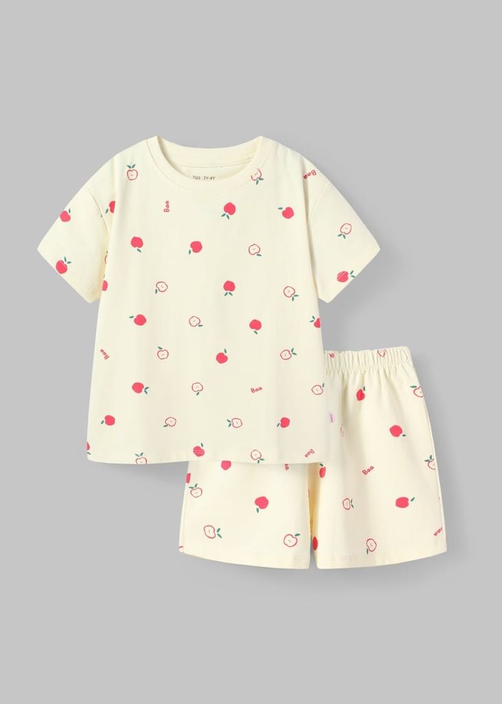 Bộ Thun Ngắn Tay Bé Gái Form Rộng Kem Hoạ Tiết Quả Táo