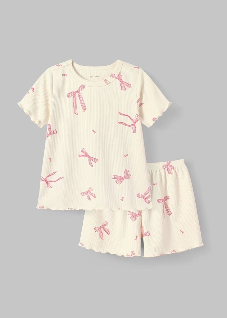 Bộ Thun Ngắn Tay Bé Gái Kem Gân Hoạ Tiết Nơ