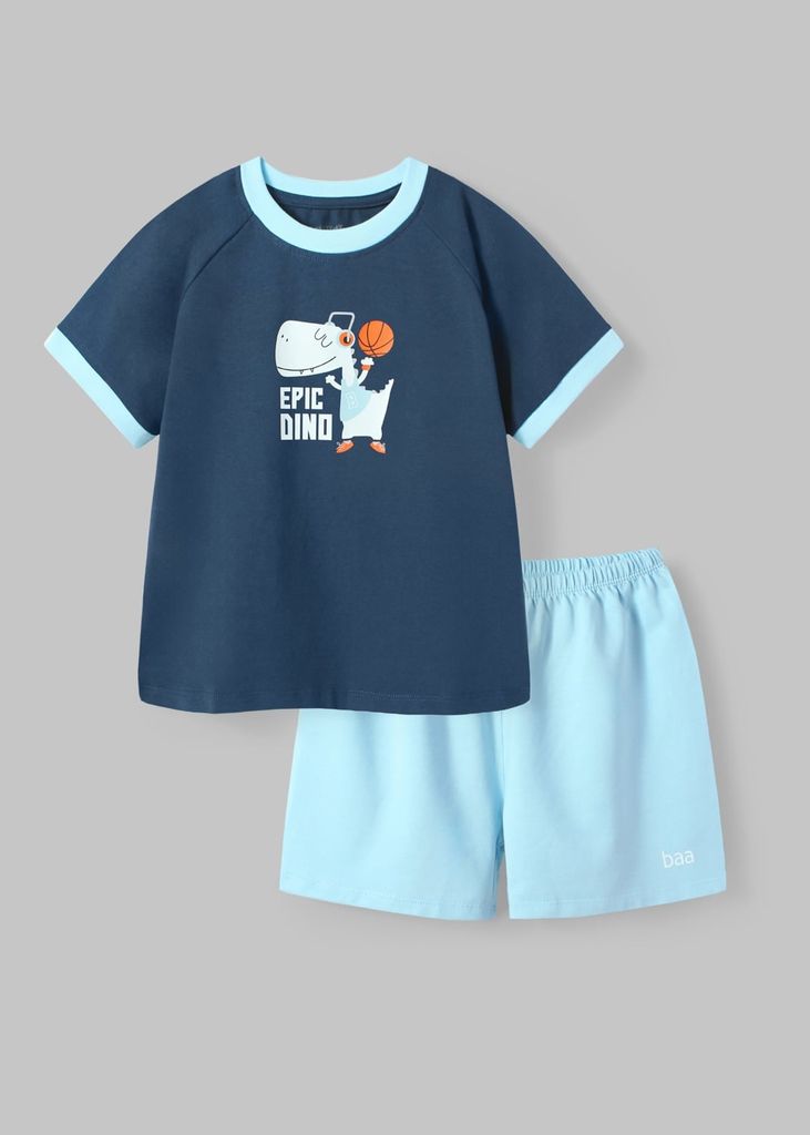 Bộ Thun Ngắn Tay Bé Trai Navy Khủng Long Phối Xanh