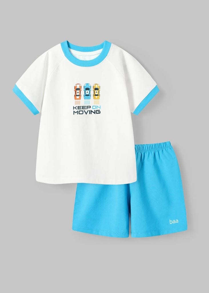 Bộ Thun Ngắn Tay Bé Trai Trắng Xe Đua Phối Xanh
