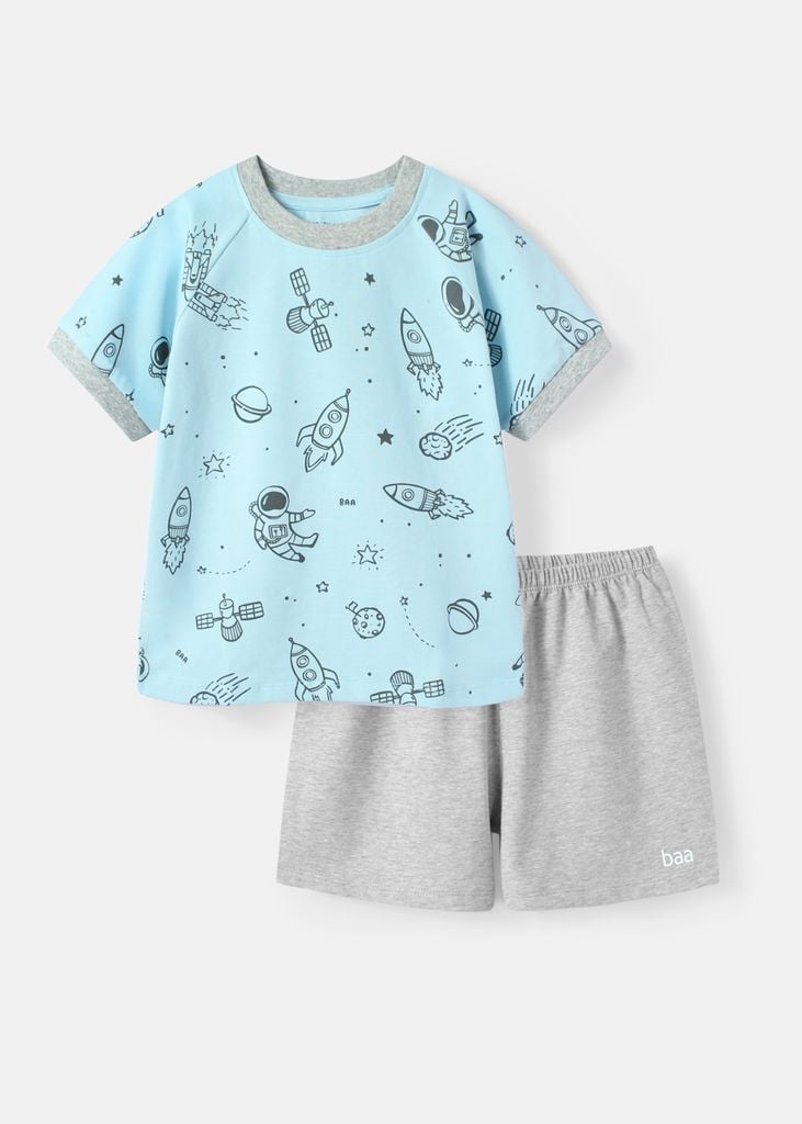Bộ Thun Ngắn Tay Bé Trai Xanh Biển Hoạ Tiết Vũ Trụ Phối Xám