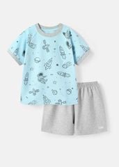 Bộ Thun Ngắn Tay Bé Trai Xanh Biển Hoạ Tiết Vũ Trụ Phối Xám