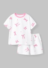 Bộ Thun Ngắn Tay Bé Gái Form Rộng Trắng Hoạ Tiết Nơ