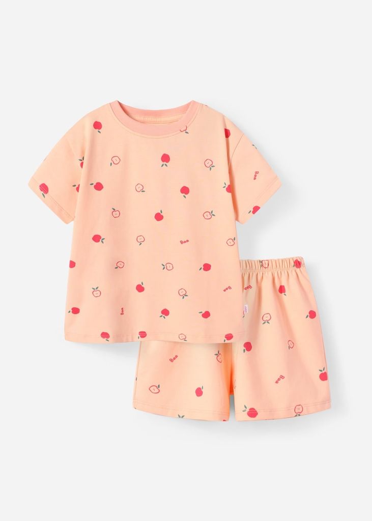 Bộ Thun Ngắn Tay Bé Gái Form Rộng Cam Hoạ Tiết Quả Táo