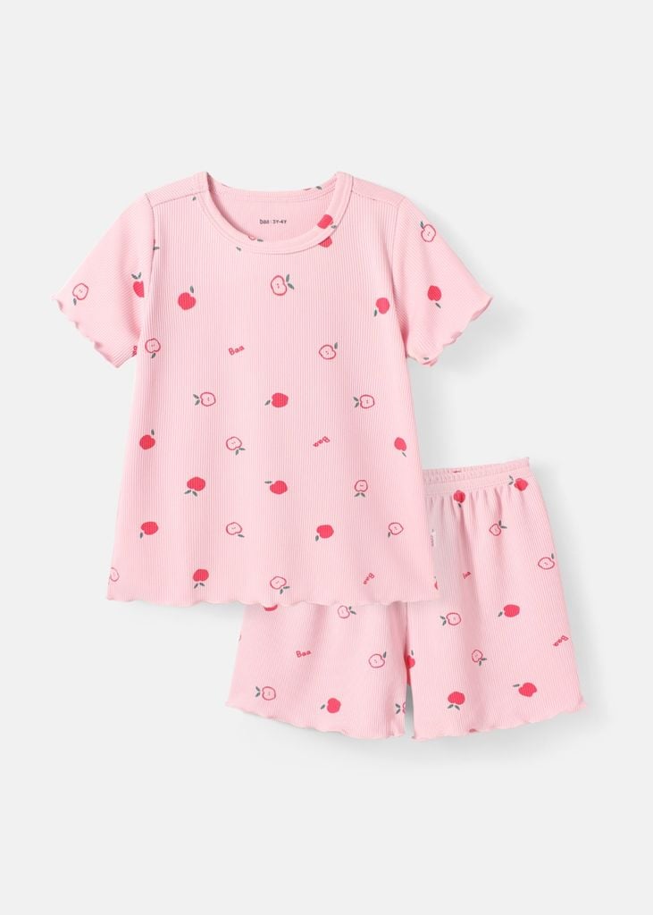 Bộ Thun Ngắn Tay Bé Gái Hồng Gân Hoạ Tiết Quả Táo