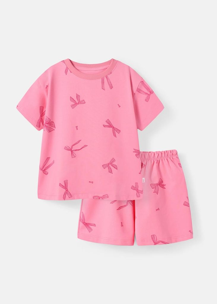 Bộ Thun Ngắn Tay Bé Gái Form Rộng Hồng Hoạ Tiết Nơ