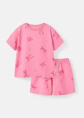 Bộ Thun Ngắn Tay Bé Gái Form Rộng Hồng Hoạ Tiết Nơ