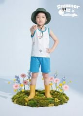 Bộ Thun Ba Lỗ Bé Trai Trắng Phối Xanh Biển Hoạ Tiết Đại Dương