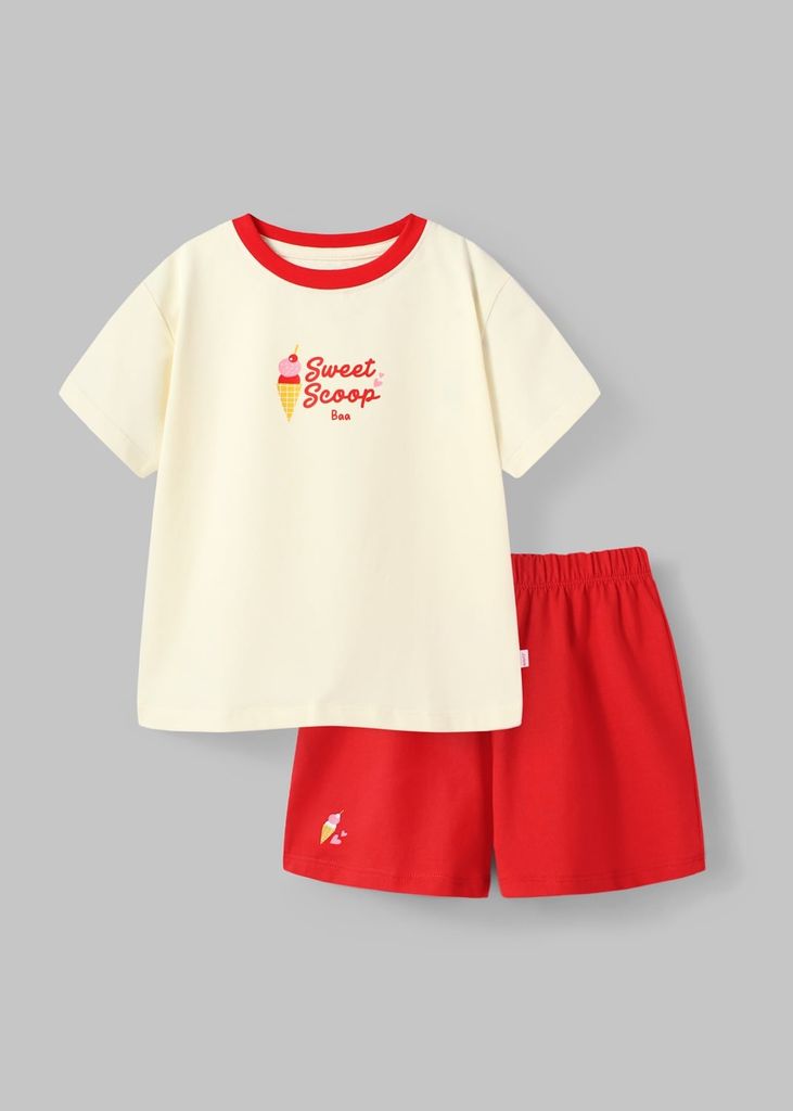 Bộ Thun Ngắn Tay Bé Gái Form Rộng Kem Ice Cream Phối Đỏ
