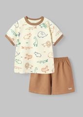 Bộ Thun Ngắn Tay Bé Trai Kem Hoạ Tiết Động Vật Phối Nâu