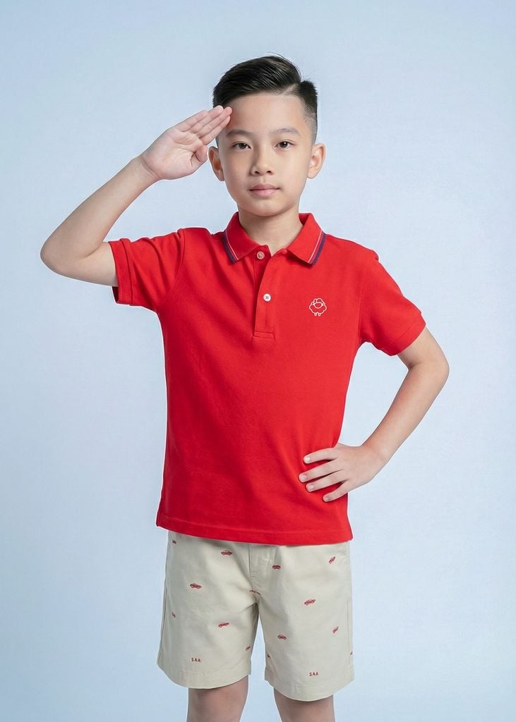 Áo Polo Ngắn Tay Bé Trai Đỏ Phối Cổ Dệt Thêu Logo