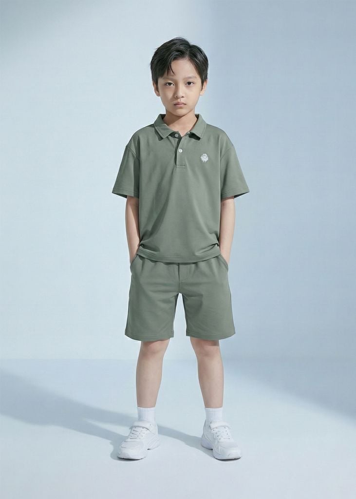 Set Polo Form Rộng Bé Trai Siêu Nhẹ Ultra Light Xanh Rêu