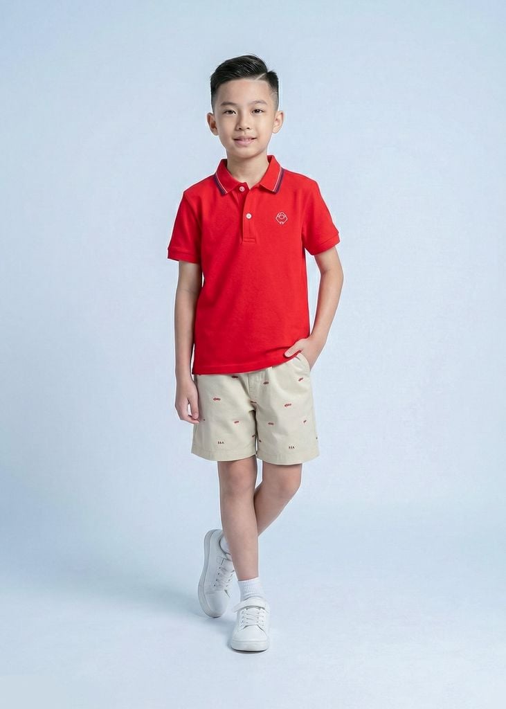 Áo Polo Ngắn Tay Bé Trai Đỏ Phối Cổ Dệt Thêu Logo