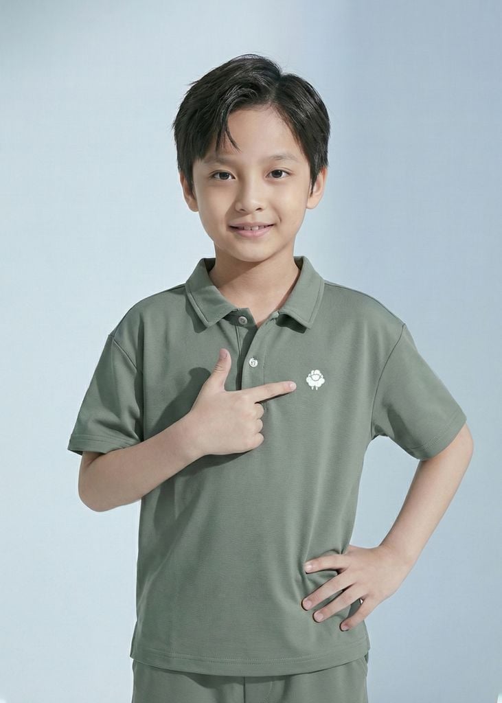 Set Polo Form Rộng Bé Trai Siêu Nhẹ Ultra Light Xanh Rêu