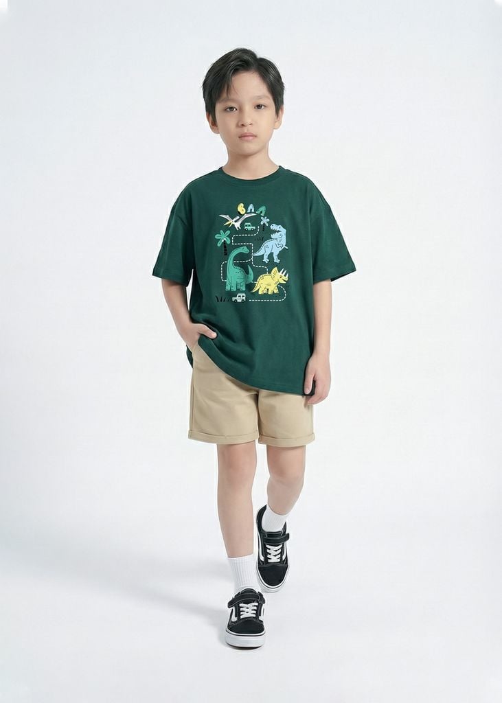 Áo Thun Form Rộng Bé Trai 230gsm Xanh Lá Khủng Long