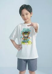 Áo Thun Form Rộng Bé Trai 230gsm Trắng Gấu Trượt Ván