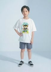 Áo Thun Form Rộng Bé Trai 230gsm Trắng Gấu Trượt Ván