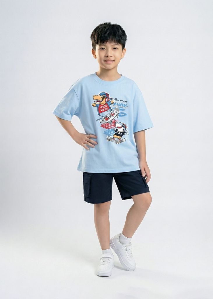 Áo Thun Form Rộng Bé Trai 230gsm Xanh Biển Khủng Long Trượt Ván