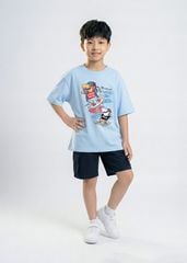 Áo Thun Form Rộng Bé Trai 230gsm Xanh Biển Khủng Long Trượt Ván