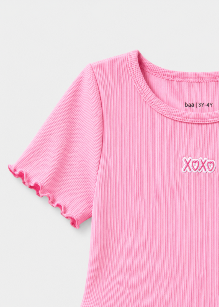 Đầm Ngắn Tay Bé Gái Hồng Thêu XOXO