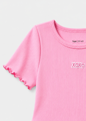 Đầm Ngắn Tay Bé Gái Hồng Thêu XOXO