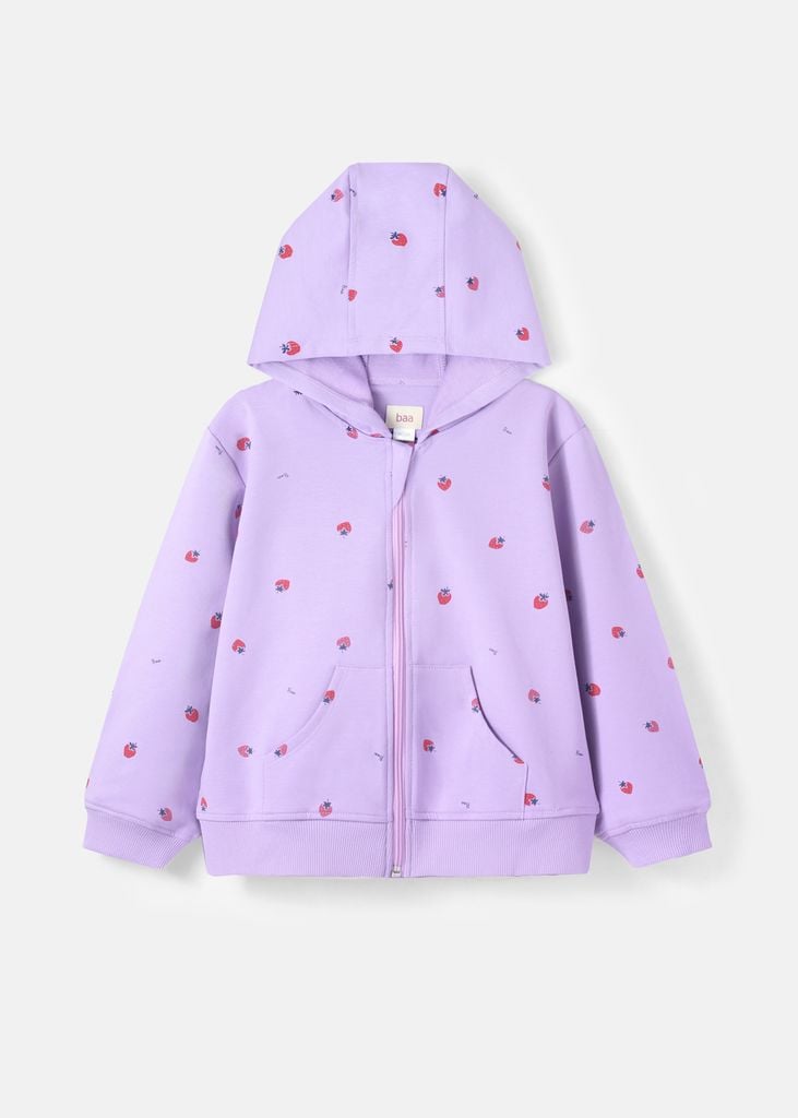 Áo Khoác Có Nón Bé Gái Da Cá Tím Hoạ Tiết Strawberry