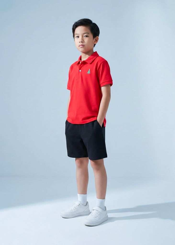 Áo Polo Ngắn Tay Bé Trai Đỏ Thêu Cây Thông