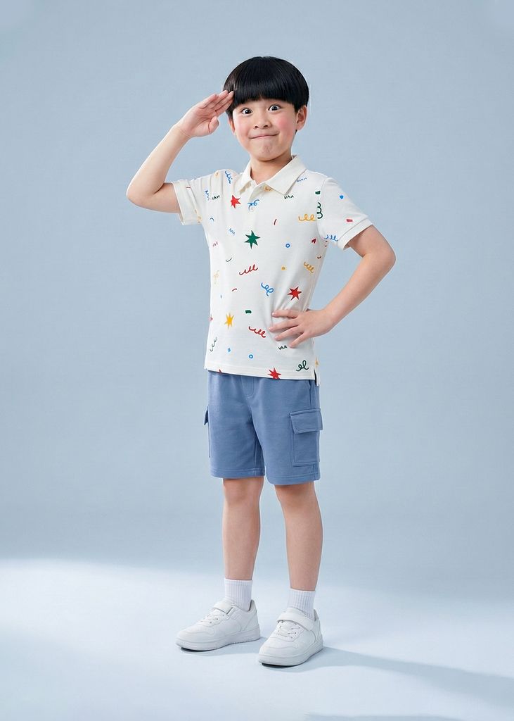 Áo Polo Ngắn Tay Bé Trai Trắng Hoạ Tiết Party 02