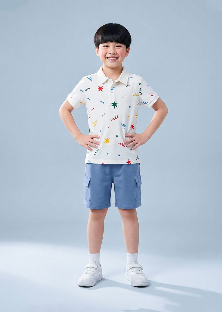 Áo Polo Ngắn Tay Bé Trai Trắng Hoạ Tiết Party 02