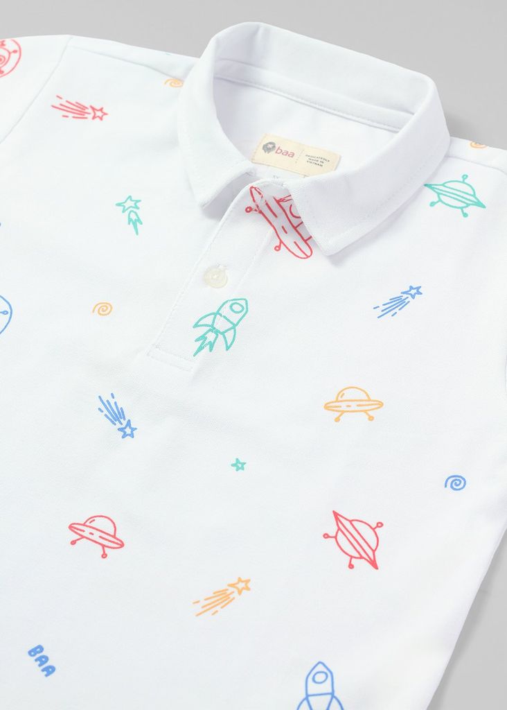 Áo Polo Ngắn Tay Bé Trai Trắng Hoạ Tiết Vũ Trụ