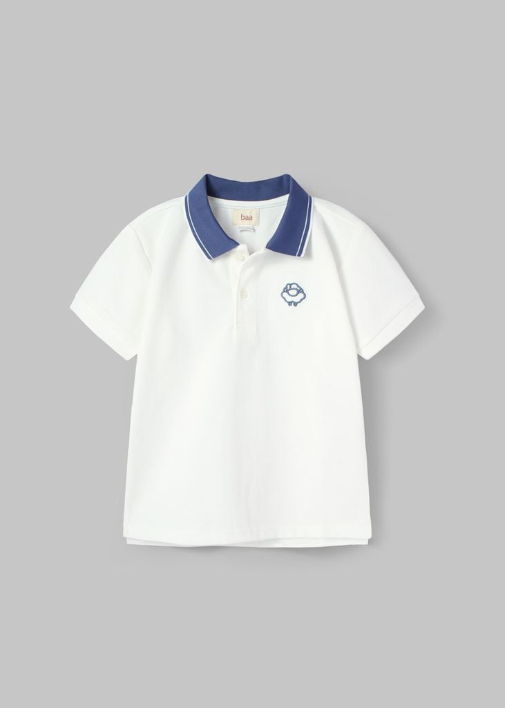 Áo Polo Ngắn Tay Bé Trai Trắng Phối Cổ Dệt Thêu Logo