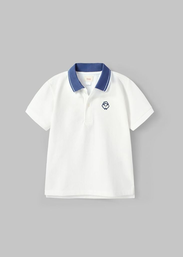 Áo Polo Ngắn Tay Bé Trai Trắng Phối Cổ Dệt Thêu Logo