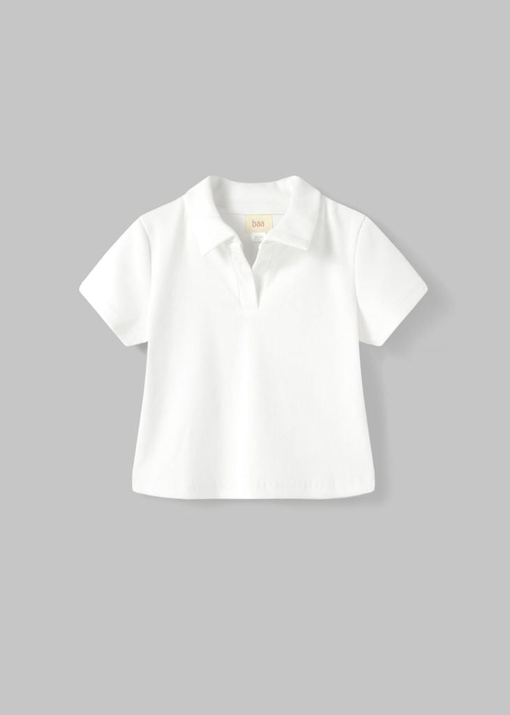 Áo Polo Thun Gân Ngắn Tay Bé Gái Trắng Kem