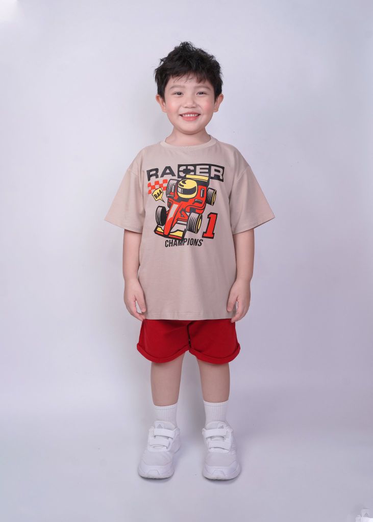 Áo Thun Form Rộng Bé Trai 210gsm Be Xe Đua