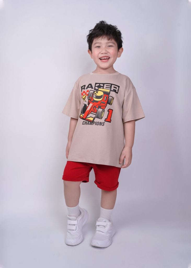 Áo Thun Form Rộng Bé Trai 210gsm Be Xe Đua