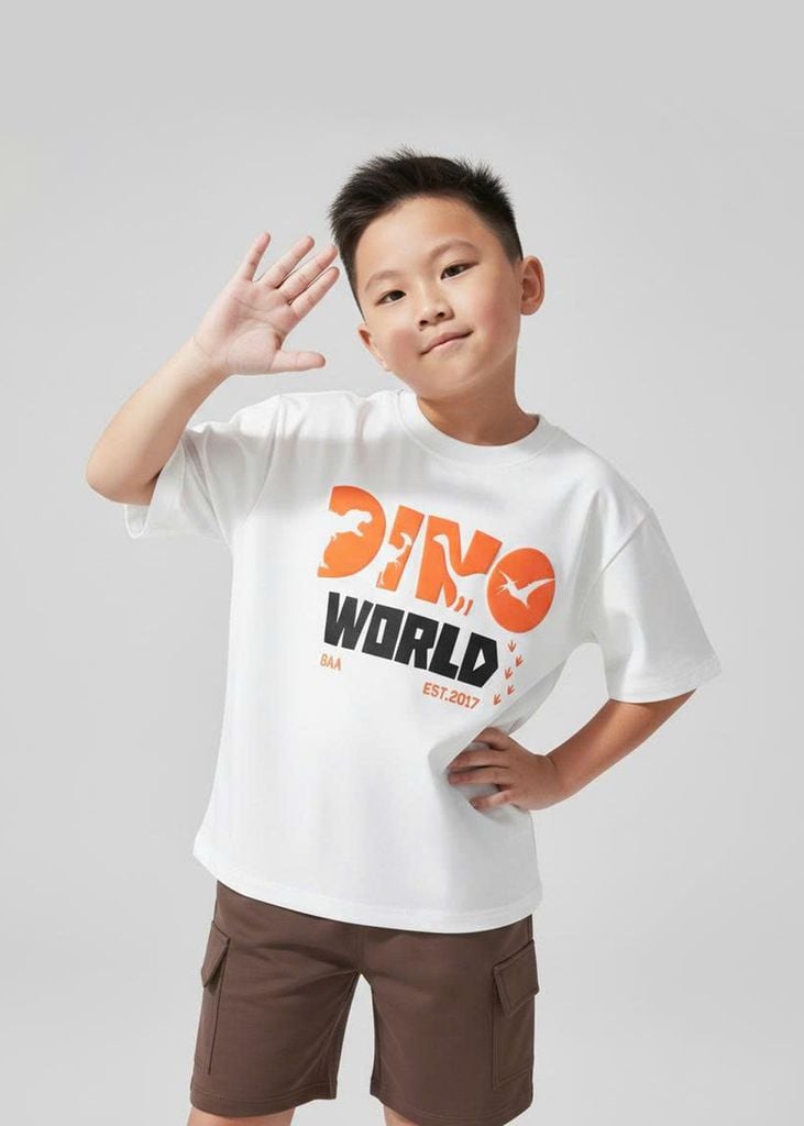 Áo Thun Form Rộng Bé Trai 210gsm Trắng Khủng Long