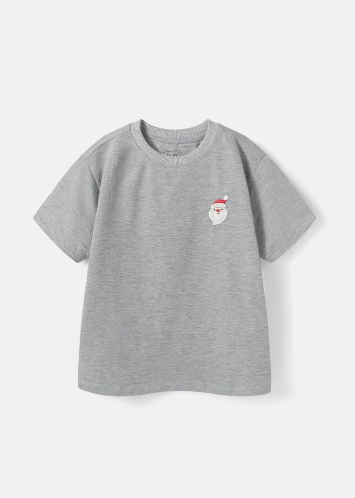 Áo Thun Form Rộng Bé Trai 210gsm Xám Thêu Ông Già Noel BC-AT30N-33