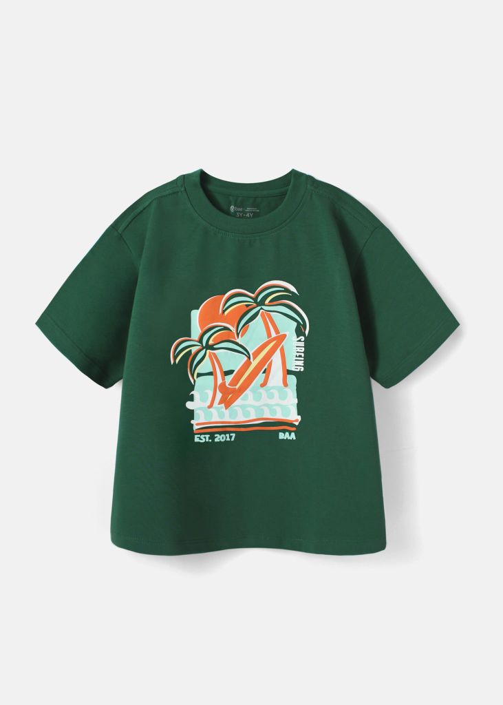Áo Thun Form Rộng Bé Trai 210gsm Xanh Lá Nhiệt Đới