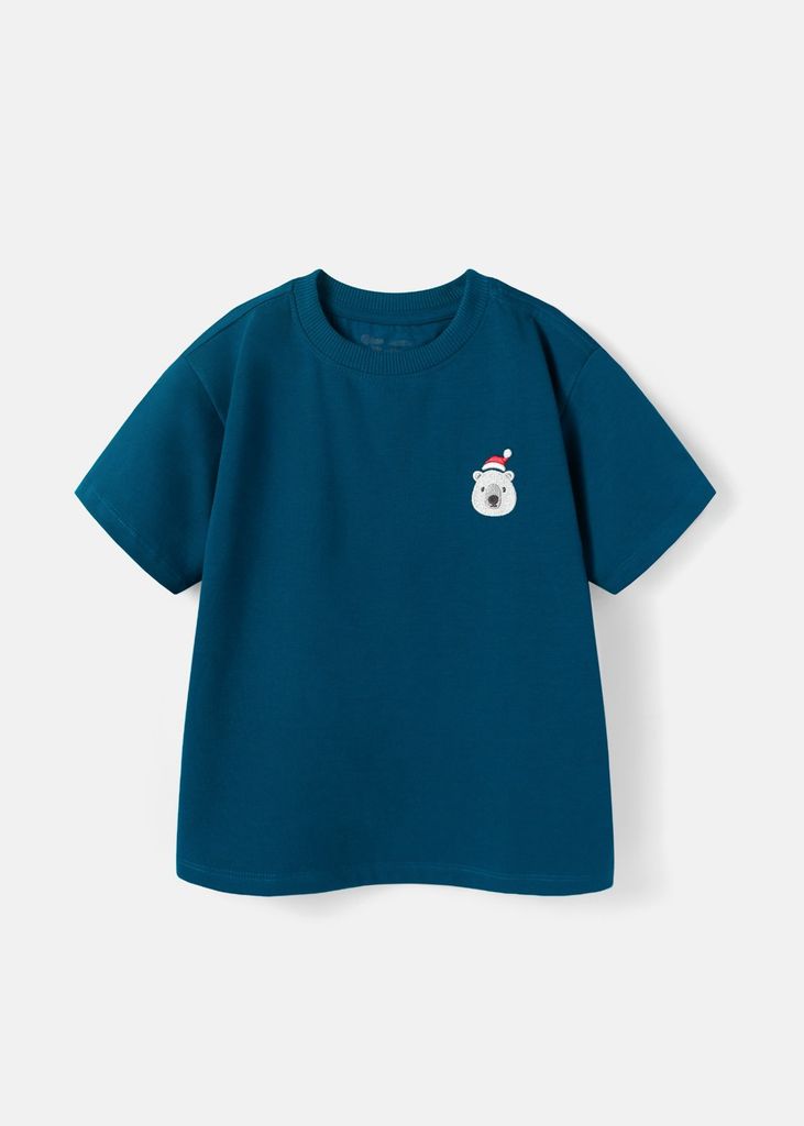 Áo Thun Form Rộng Bé Trai 210gsm Xanh Thêu Gấu Trắng BC-AT30N-33