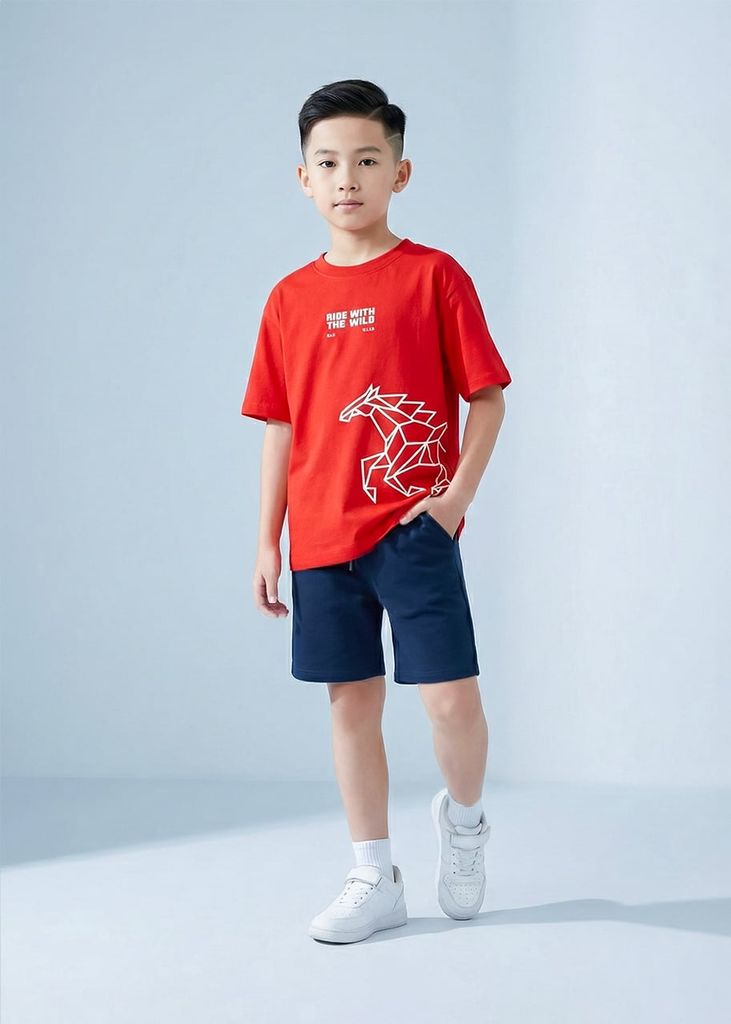 Áo Thun Form Rộng Bé Trai 230gsm Đỏ Ride With The Wild 01