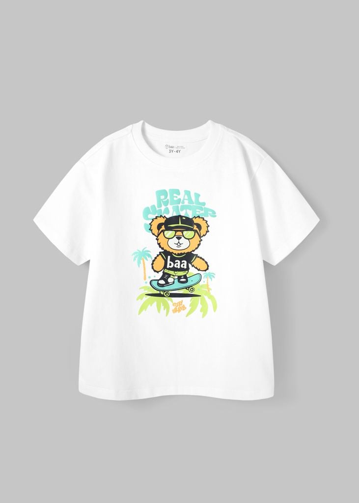 Áo Thun Form Rộng Bé Trai 230gsm Trắng Gấu Trượt Ván