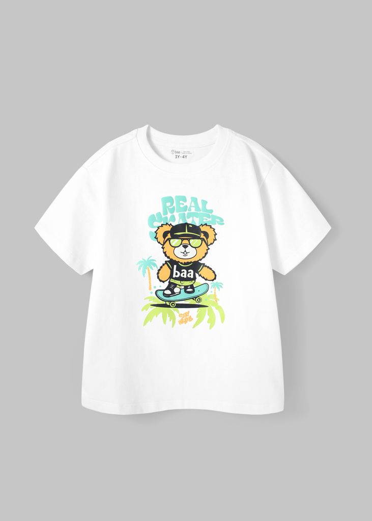 Áo Thun Form Rộng Bé Trai 230gsm Trắng Gấu Trượt Ván