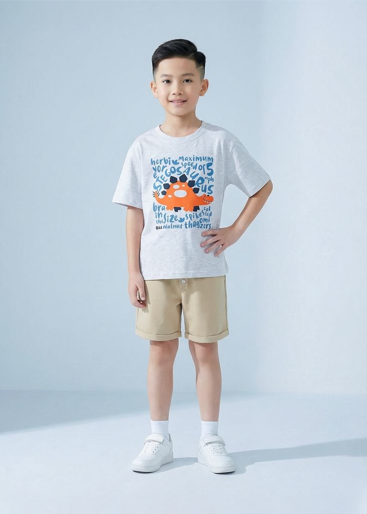 Áo Thun Form Rộng Bé Trai 230gsm Xám Melange Khủng Long