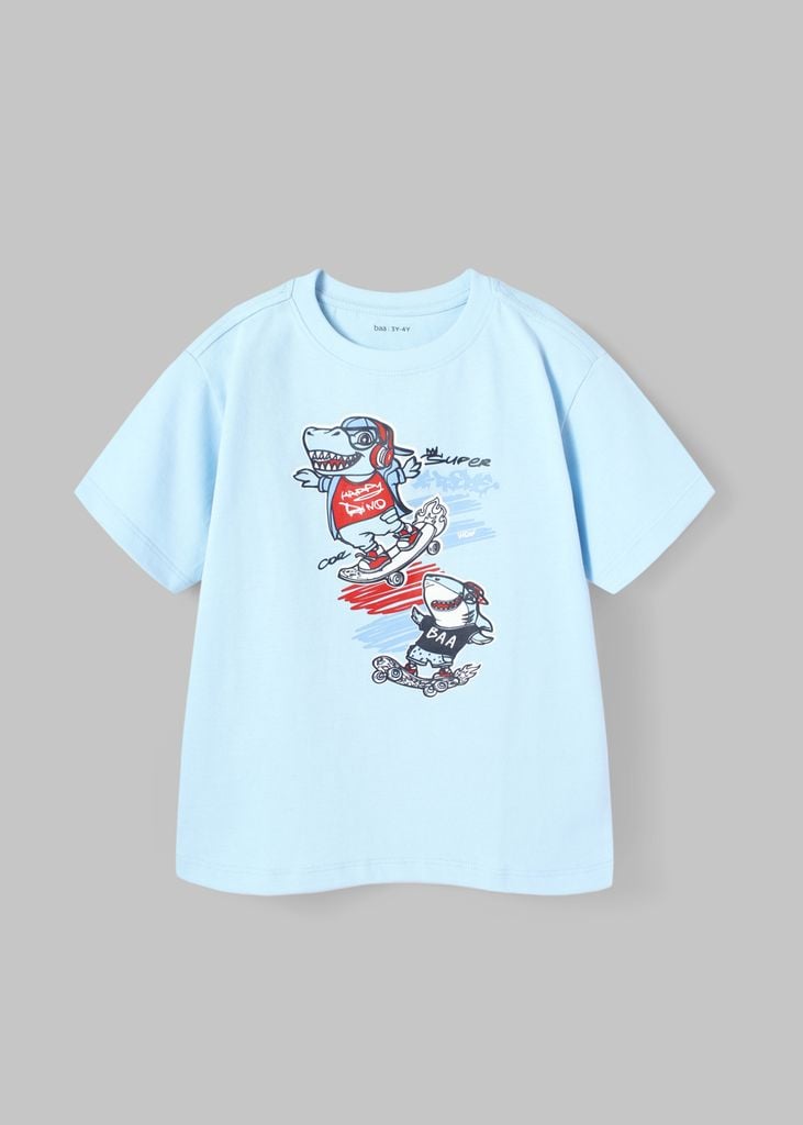 Áo Thun Form Rộng Bé Trai 230gsm Xanh Biển Khủng Long Trượt Ván
