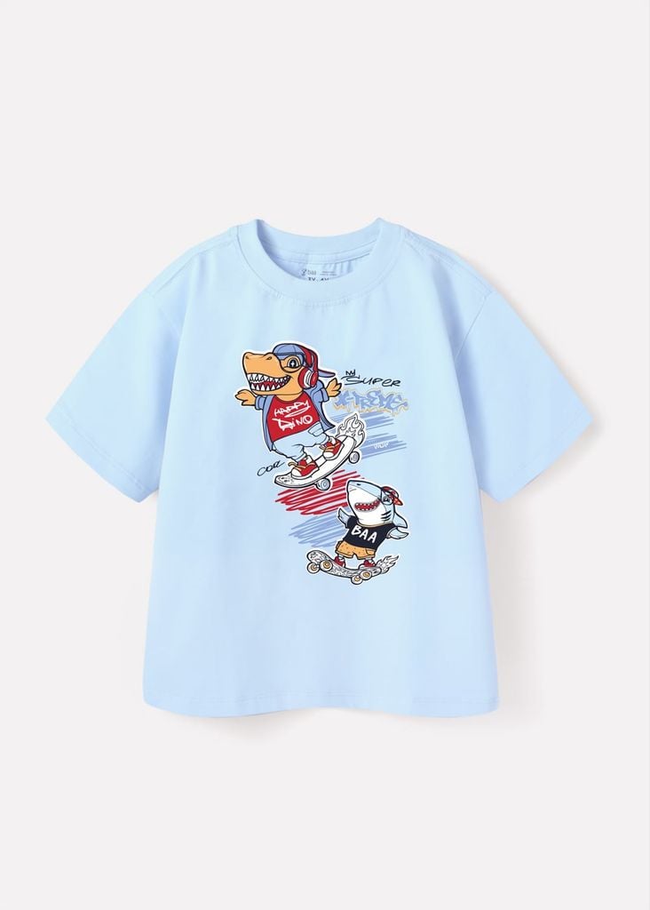 Áo Thun Form Rộng Bé Trai 230gsm Xanh Biển Khủng Long Trượt Ván