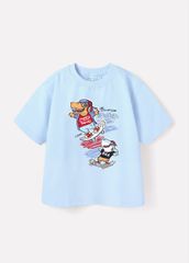 Áo Thun Form Rộng Bé Trai 230gsm Xanh Biển Khủng Long Trượt Ván