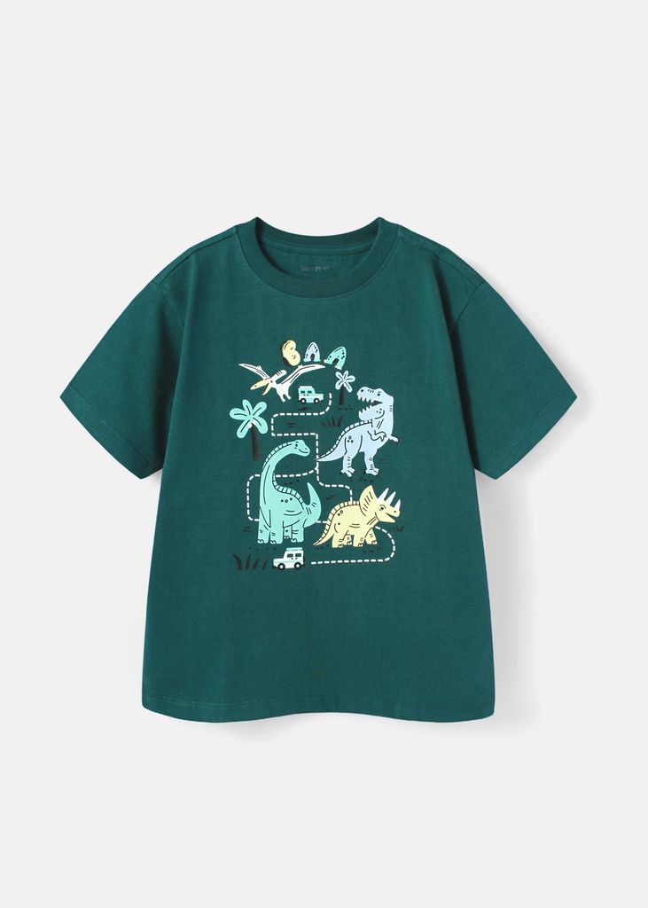 Áo Thun Form Rộng Bé Trai 230gsm Xanh Lá Khủng Long