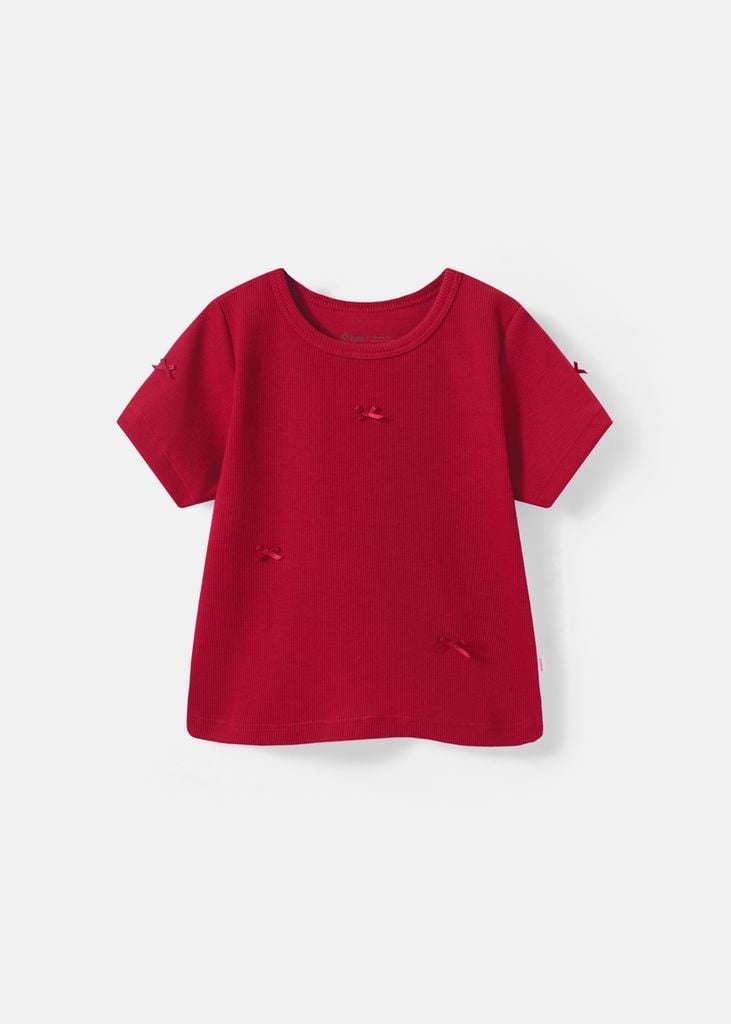 Áo Thun Gân Ngắn Tay Bé Gái Đỏ Nơ